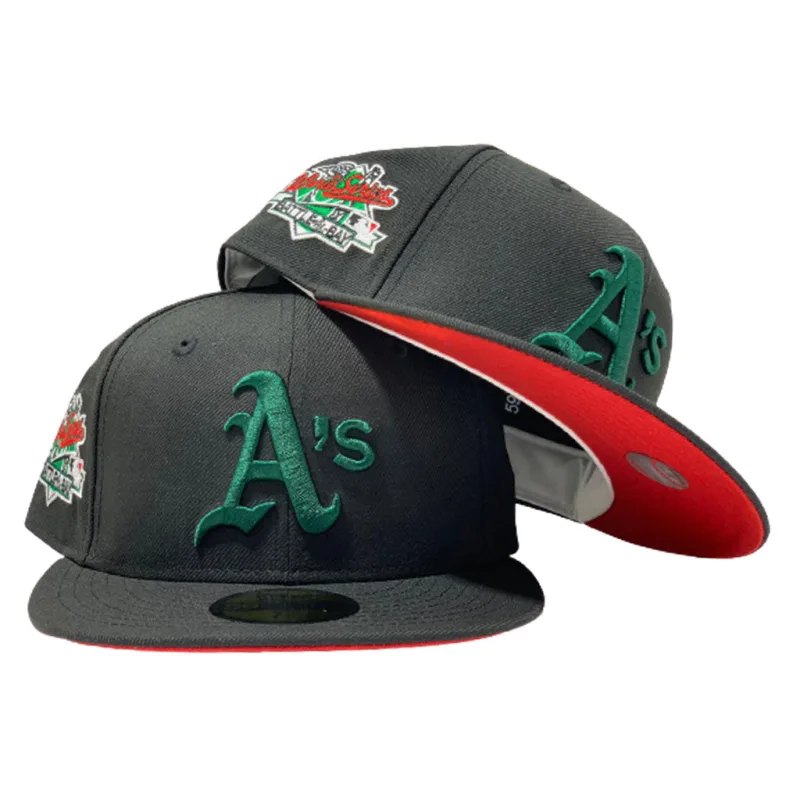 New Era Oakland Athletics fitted hat black, red colorway - OAKLAND ATHLETICS 1989 WORLD SERIES BLACK RED BRIM NEW ERA FITTED HAT