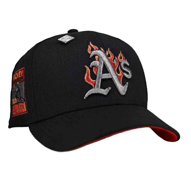 New Era Oakland Athletics fitted hat black, red, silver colorway - Oakland Athletics Rickey Henderson Black Silver Metallic 59Fifty Fitted Hat