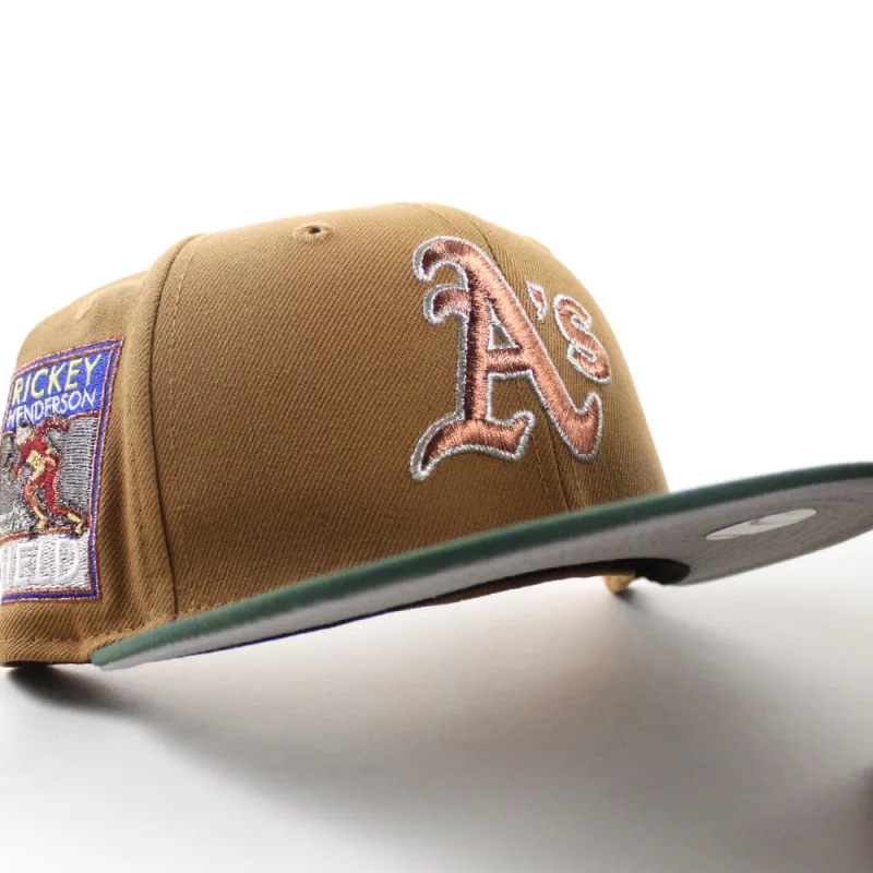 New Era Oakland Athletics fitted hat Bronze Cilantro Green Gray Under Brim colorway - Oakland Athletics Ricky Henderson New Era 59Fifty Fitted Hat (Bronze Cilantro Green Gray Under Brim)