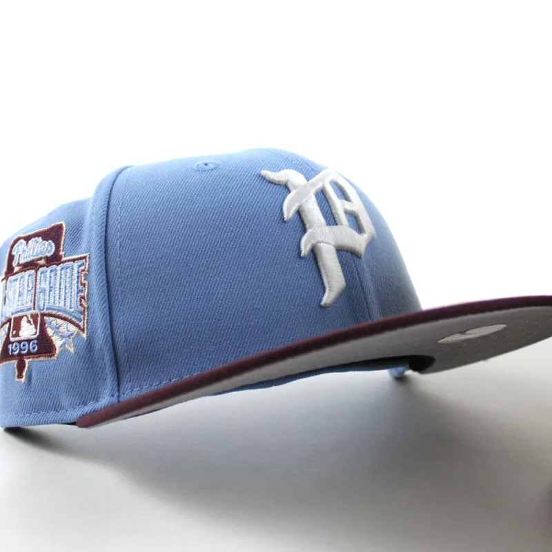 New Era Philadelphia Phillies fitted hat Sky Blue Maroon Gray Under Brim colorway - Philadelphia Phillies 1996 All Star Game 59Fifty New Era Fitted Hat (Sky Blue Maroon Gray Under Brim)