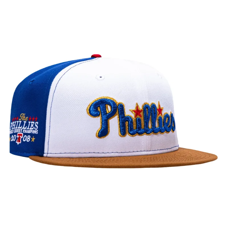 New Era Philadelphia Phillies fitted hat White, Royal, Tan colorway - New Era 59Fifty Highball Philadelphia Phillies 2008 World Series Champions Patch Hat – White, Royal, Tan