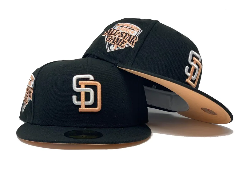 New Era San Diego Padres fitted hat black colorway - SAN DIEGO PADRES 1992 ALL STAR GAME BLACK PEACH BRIM NEW ERA FITTED HAT