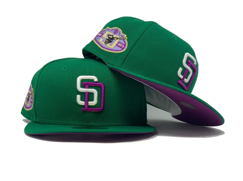 New Era San Diego Padres fitted hat green, purple colorway - SAN DIEGO PADRES 50TH ANNIVERSARY GREEN PURPLE BRIM NEW ERA FITTED HAT