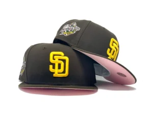 New Era San Diego Padres fitted hat pink, brown colorway - SAN DIEGO PADRES 1998 WORLD SERIES DEEP BROWN PINK BRIM NEW ERA FITTED HAT