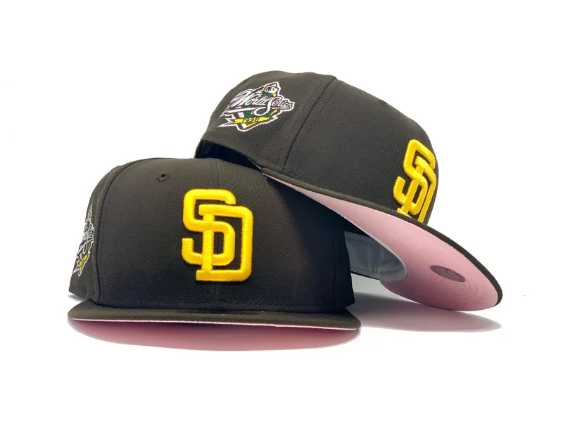 New Era San Diego Padres fitted hat pink, brown colorway - SAN DIEGO PADRES 1998 WORLD SERIES DEEP BROWN PINK BRIM NEW ERA FITTED HAT