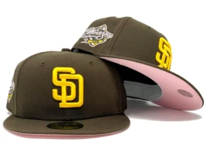 New Era San Diego Padres fitted hat pink, brown colorway - SAN DIEGO PADRES 1998 WORLD SERIES BROWN PINK BRIM NEW ERA FITTED HAT