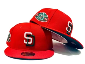 New Era San Diego Padres fitted hat red, green colorway - SAN DIEGO PADRES 50TH ANNIVERSARY XMAS COLOR RED GREEN BRIM NEW ERA FITTED HAT