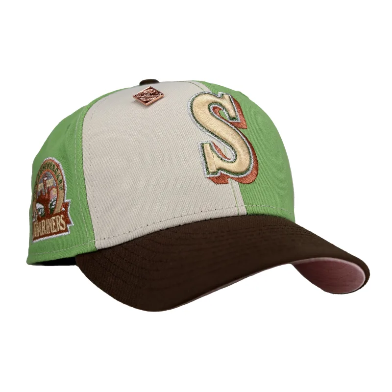 New Era Seattle Mariners fitted hat green, pink, chrome colorway - Seattle Mariners 30th Anniversary Green/Chrome Pinwheel 59Fifty Fitted Hat