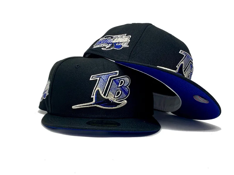 New Era Tampa Bay Rays fitted hat black, blue, royal colorway - TAMPA BAY RAYS 1998 INAUGURAL SEASON BLACK ROYAL BLUE BRIM NEW ERA FITTED HAT