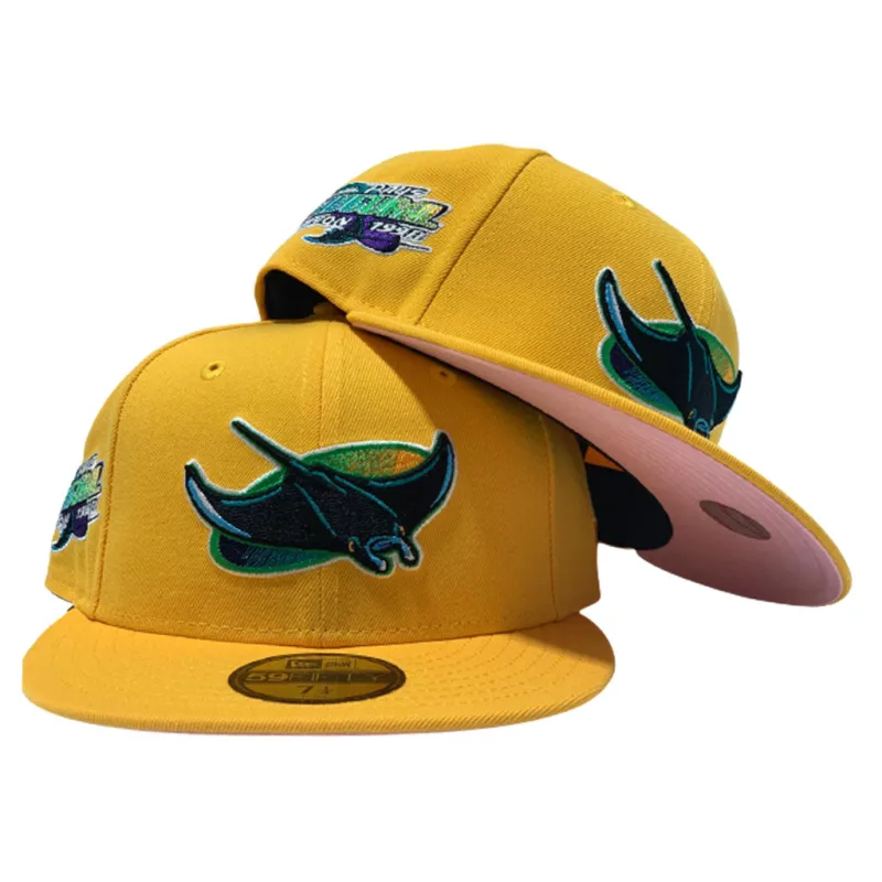 New Era Tampa Bay Rays fitted hat pink, yellow colorway - TAMPA BAY DEVIL RAYS INAUGURAL SEASON YELLOW CAP PINK BRIM NEW ERA FITTED HAT