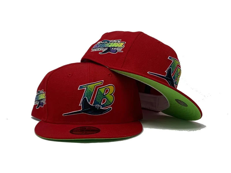 New Era Tampa Bay Rays fitted hat red, green colorway - TAMPA BAY DEVIL RAYS 1998 INAUGURAL SEASON RED NEON GREEN BRIM NEW ERA FITTED HAT