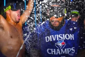 Joe Carter celebrating his walk-off home run to win the 1993 World Series for the Toronto Blue Jays