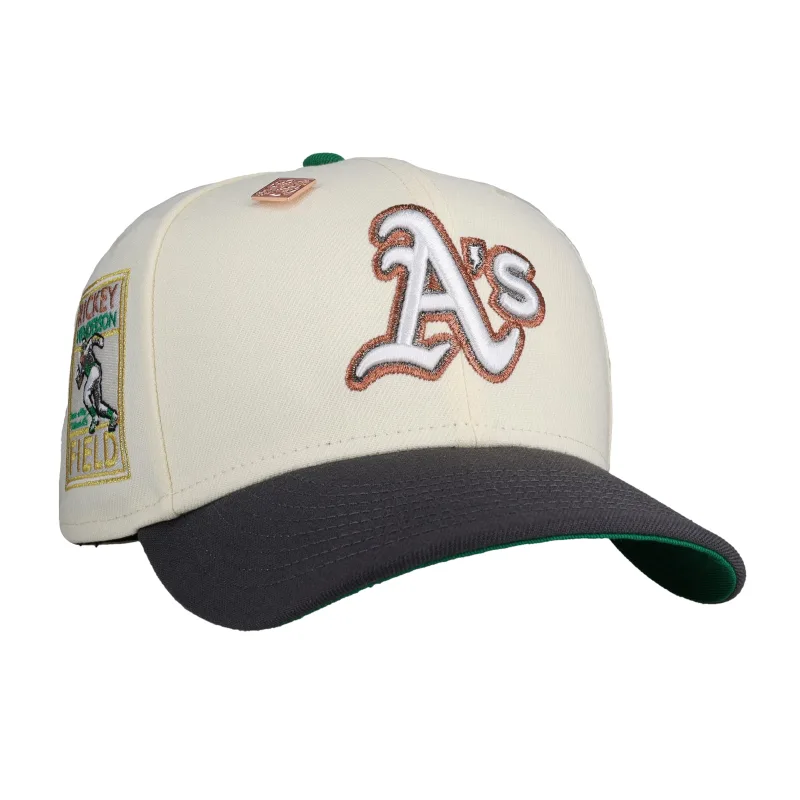 New Era Oakland Athletics fitted hat white, green, chrome colorway - New Era Honors Rickey Henderson with Chrome Bronze A’s Fitted