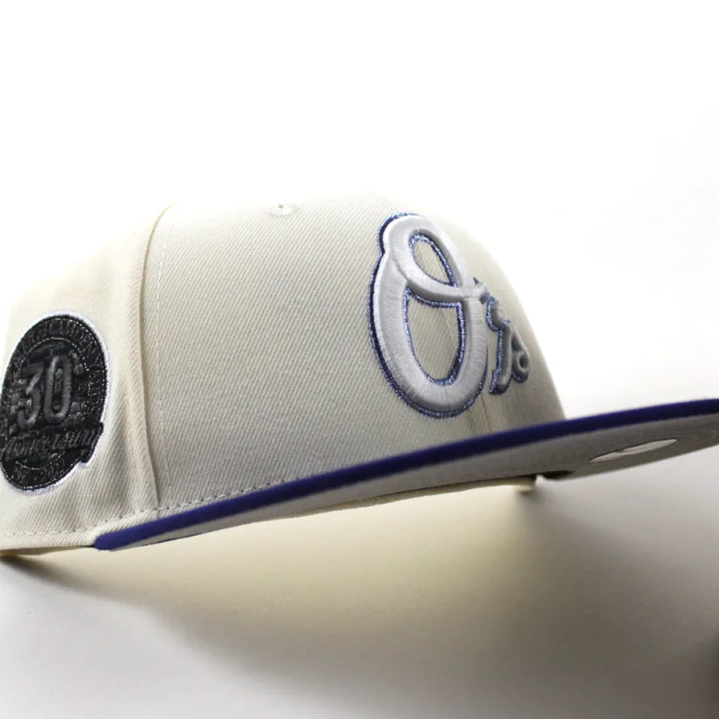 New Era Baltimore Orioles fitted hat Chrome White Dark Royal Blue Gray Under Brim colorway - Baltimore Orioles 30th Anniversary 59Fifty New Era Fitted Hat (Chrome White Dark Royal Blue Gray Under Brim)