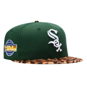 New Era Chicago White Sox fitted hat Green, Leopard Print Faux Fur colorway - New Era 59Fifty Safari Chicago White Sox 2005 World Series Patch Hat – Green, Leopard Print Faux Fur