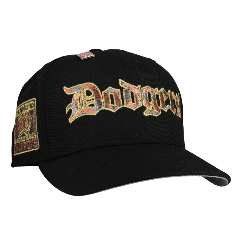 New Era Los Angeles Dodgers fitted hat black, grey colorway - New Era Drops Sleek Dodgers Back-to-Back Champions Fitted in Black Metallic Script