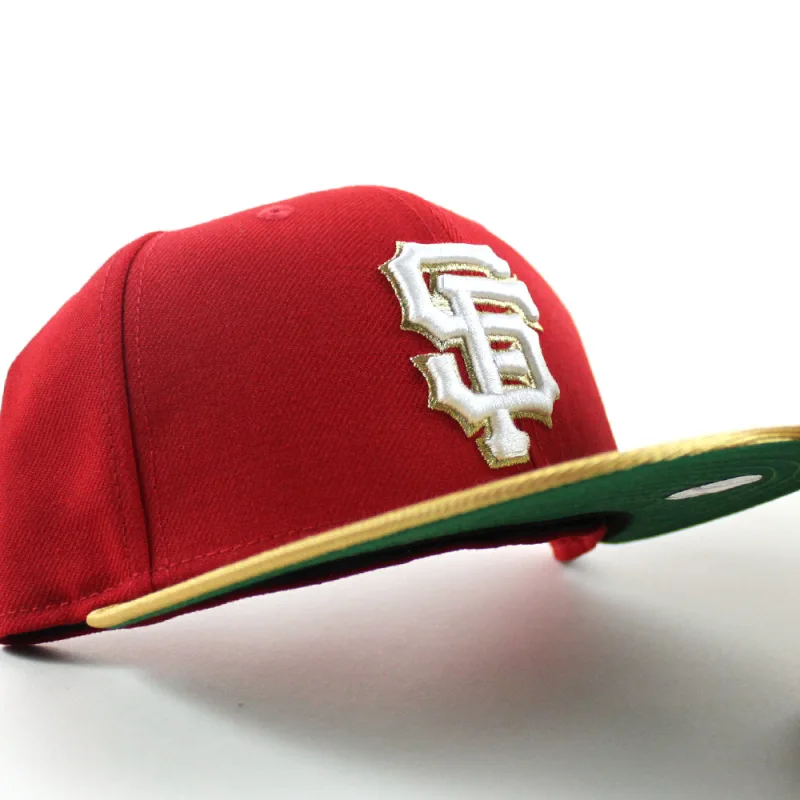 New Era New York Giants fitted hat Scarlet Red Metallic Gold Green Under Brim colorway - New Era Drops Fire Giants Fitted in Scarlet Red with Metallic Gold Pop