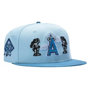 New Era Los Angeles Angels fitted hat Light Blue, Indigo colorway - New Era 59Fifty Los Angeles Angels 60th Anniversary Patch Cherub Hat – Light Blue, Indigo