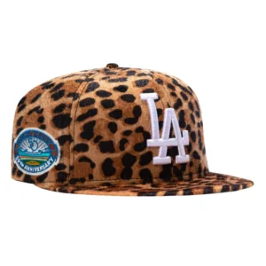 New Era Los Angeles Dodgers fitted hat Leopard Print Faux Fur colorway - New Era 59Fifty Safari Los Angeles Dodgers 50th Anniversary Stadium Patch Hat – Leopard Print Faux Fur