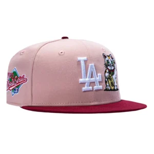New Era Los Angeles Dodgers fitted hat Pink, Cardinal colorway - New Era 59Fifty Los Angeles Dodgers 1988 World Series Patch Lucky Cat Hat – Pink, Cardinal