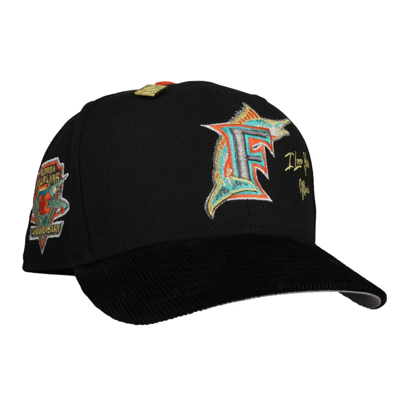 New Era Miami Marlins fitted hat black, grey colorway - Florida Marlins 10th Anniversary Black Corduroy 59Fifty Fitted Hat