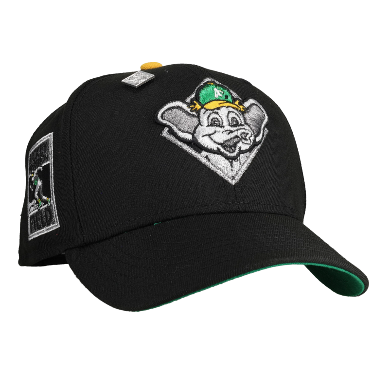 New Era Oakland Athletics fitted hat black, green, silver colorway - Oakland Athletics Rickey Henderson Black Silver Metallic 59Fifty Fitted Hat