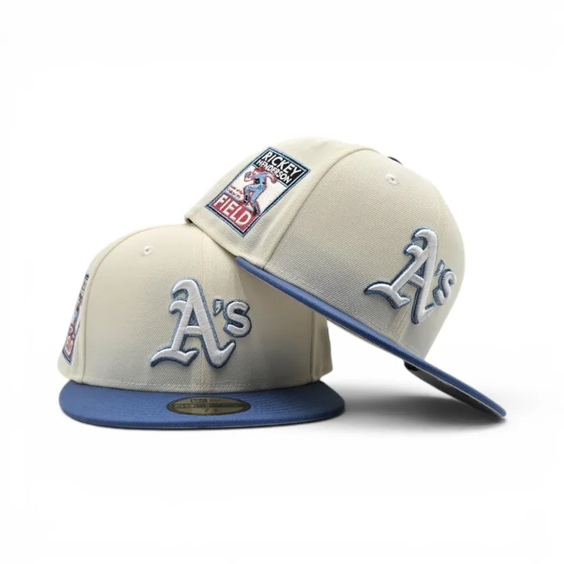 New Era Oakland Athletics fitted hat white, gray, blue colorway - New Era Drops Clean Off White A’s Fitted with Rickey Henderson Field Side Patch