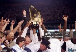 Florida Marlins players celebrating their 1997 World Series championship win
