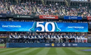 Seattle Mariners alumni and fans celebrating the franchise's 50th anniversary at T-Mobile Park