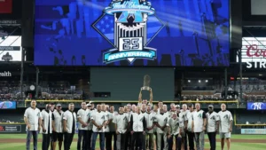 Arizona Diamondbacks players celebrating during their 1998 inaugural season at Bank One Ballpark