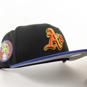 New Era Oakland Athletics fitted hat Black Royal Blue Gray Under Brim colorway - Rickey Henderson Tribute Fitted Lands for Oakland A’s Fans
