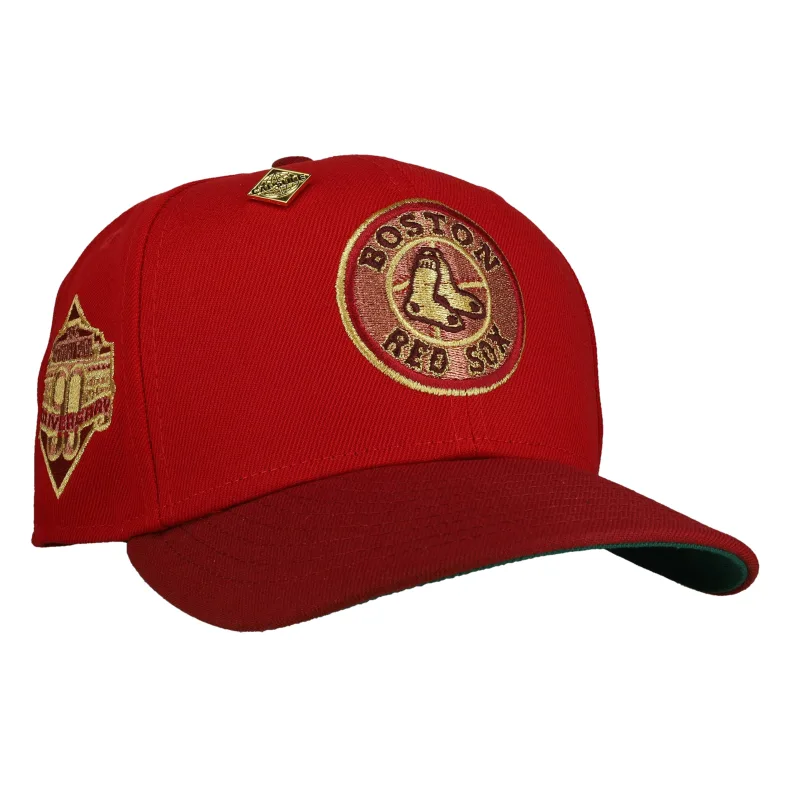 New Era Boston Red Sox fitted hat red, green, gold colorway - Boston Red Sox 90th Anniversary Red Gold Metallic 59Fifty Fitted Hat