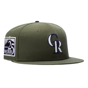 New Era Colorado Rockies fitted hat Olive, Green colorway - New Era 59Fifty Colorado Rockies 25th Anniversary Patch Hat – Olive, Green