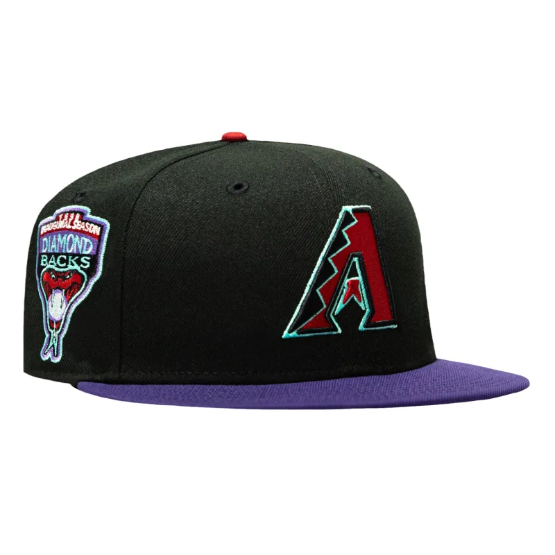 New Era Arizona Diamondbacks fitted hat Black, Purple, Sedona Red, Mint colorway - New Era Drops Fitted Arizona Diamondbacks Inaugural Patch Cap in Black and Sedona Red