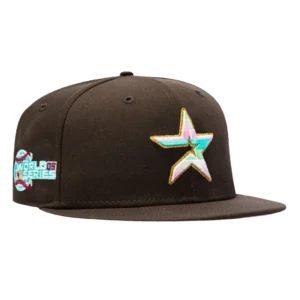 New Era Houston Astros fitted hat Brown colorway - New Era 59Fifty Spumoni Houston Astros 2005 World Series Patch Pink UV Hat – Brown