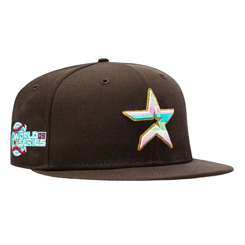 New Era Houston Astros fitted hat Brown colorway - New Era 59Fifty Spumoni Houston Astros 2005 World Series Patch Pink UV Hat – Brown