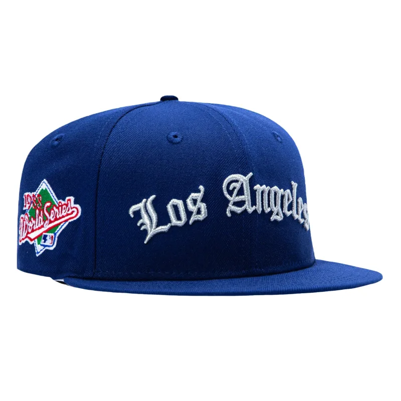 New Era Los Angeles Dodgers fitted hat Royal, Metallic Silver colorway - New Era 59Fifty Los Angeles Dodgers 1988 World Series Patch Old English Hat – Royal, Metallic Silver