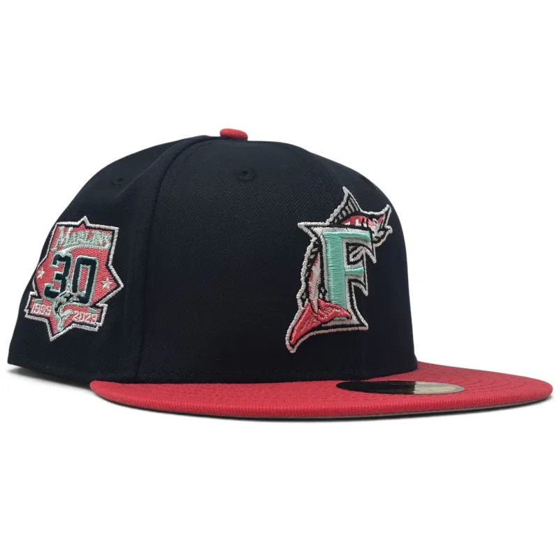New Era Miami Marlins fitted hat navy colorway - Florida Marlins 30th Anniversary 59Fifty New Era Fitted Hat-Navy Coral
