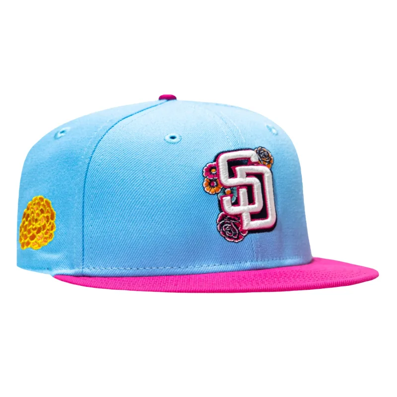 New Era San Diego Padres fitted hat Neon Blue, Magenta colorway - New Era Blooms with Padres Fitted: 2026 City Patch Floral Drops in Neon Blue & Magenta