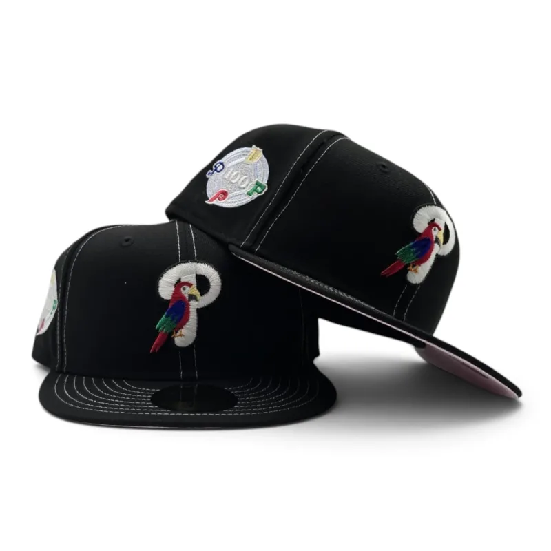 New Era Philadelphia Phillies fitted hat black, pink colorway - Black Philadelphia Phillies Parrot Logo Pink Bottom 100th Anniversary Side Patch New Era Fitted