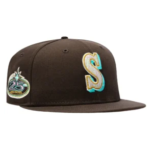 New Era Seattle Mariners fitted hat Brown colorway - New Era 59Fifty Spumoni Seattle Mariners 25th Anniversary Patch Wood Pink UV Hat – Brown