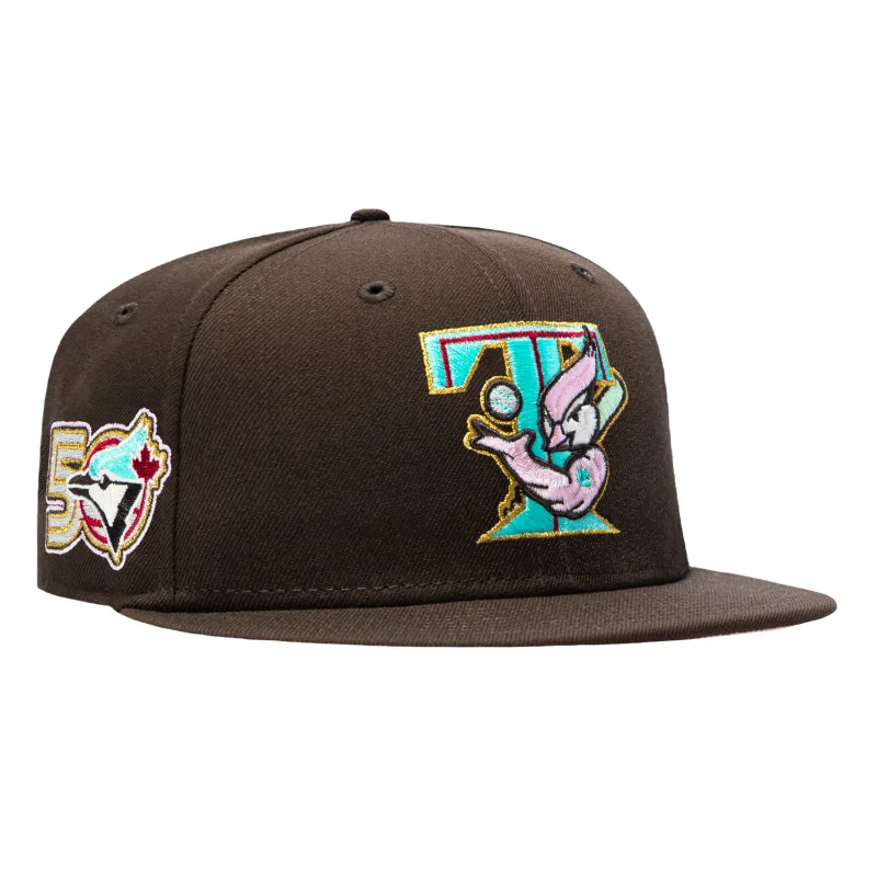 New Era Toronto Blue Jays fitted hat Brown colorway - New Era 59Fifty Spumoni Toronto Blue Jays 50th Anniversary Patch 2003 Pink UV Hat – Brown