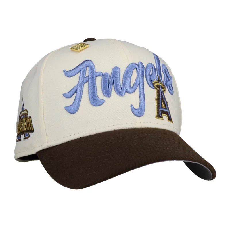 New Era Los Angeles Angels fitted hat white, grey, walnut, chrome colorway - New Era Drops Clean Anaheim Angels Script Fitted in Chrome and Walnut