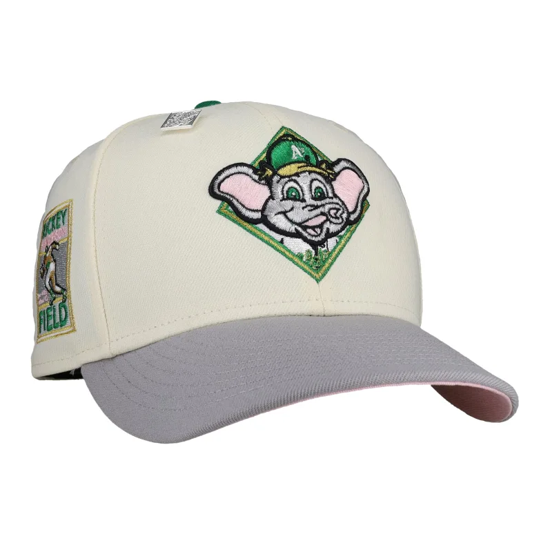 New Era Oakland Athletics fitted hat white, grey, green, pink, chrome colorway - New Era Drops Rickey Henderson A’s Fitted in Chrome/Grey Green Metallic