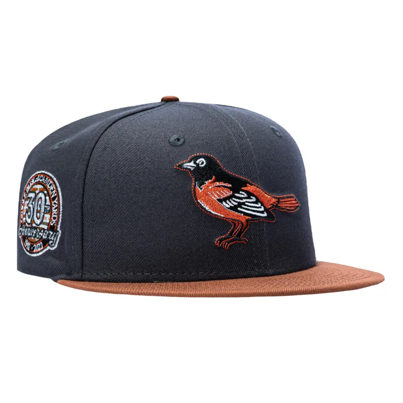 New Era Baltimore Orioles fitted hat Graphite, Brown colorway - New Era 59Fifty Baltimore Orioles 30th Anniversary Patch 1998 Hat – Graphite, Brown