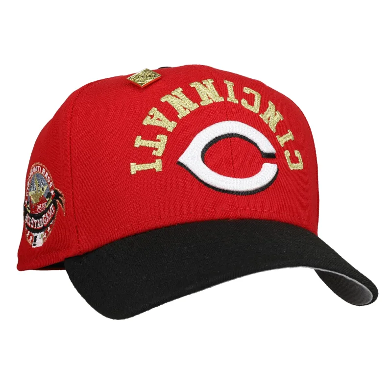 New Era Cincinnati Reds fitted hat grey, red, gold colorway - Cincinnati Reds 1988 All Star Game Red Gold Upside Down Script 59Fifty Fitted Hat