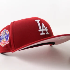 New Era Los Angeles Dodgers fitted hat Scarlet Red Pink Under Brim colorway - Los Angeles Dodgers 60th Anniversary New Era 59Fifty Fitted Hat (Scarlet Red Pink Under Brim)