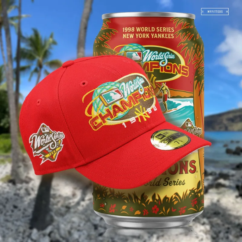 New Era New York Yankees fitted hat red colorway - NEW YORK YANKEES 1998 WORLD SERIES CHAMPIONS KONA LONGBOARD ISLAND LAGER INSPIRED NEW ERA FITTED CAP