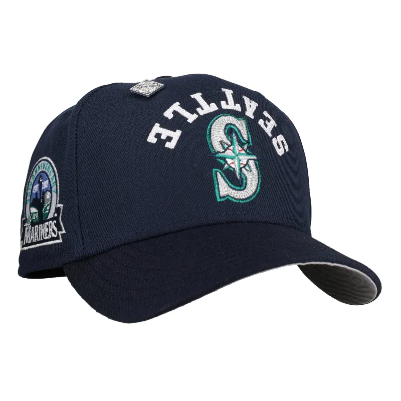 New Era Seattle Mariners fitted hat navy, grey, blue colorway - Seattle Mariners 30th Anniversary Navy Upside Down Chainstitch 59Fifty Fitted Hat